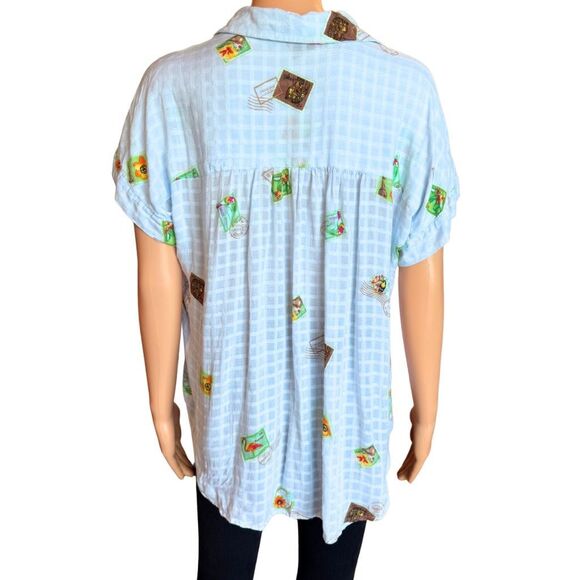 Anthropologie Jane & Delancey Light Blue Postage Print Button Up Top Medium - Picture 5 of 7